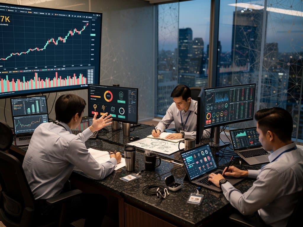 Data transparency dashboard on curved monitors showing AI safety bars, crypto lines, bullet graphs, and tables in modern visualization lab.