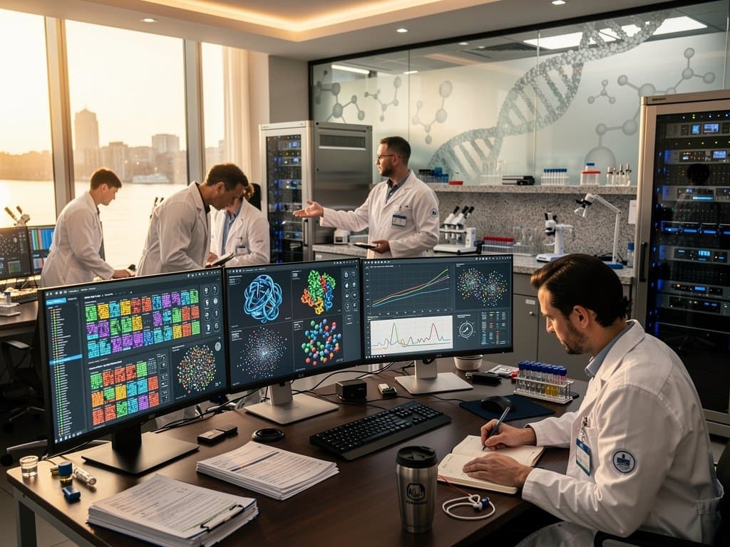 Genomics lab screens showing Tableau dashboards with heatmaps, protein models, scatter plots, and network graphs in high-tech research space