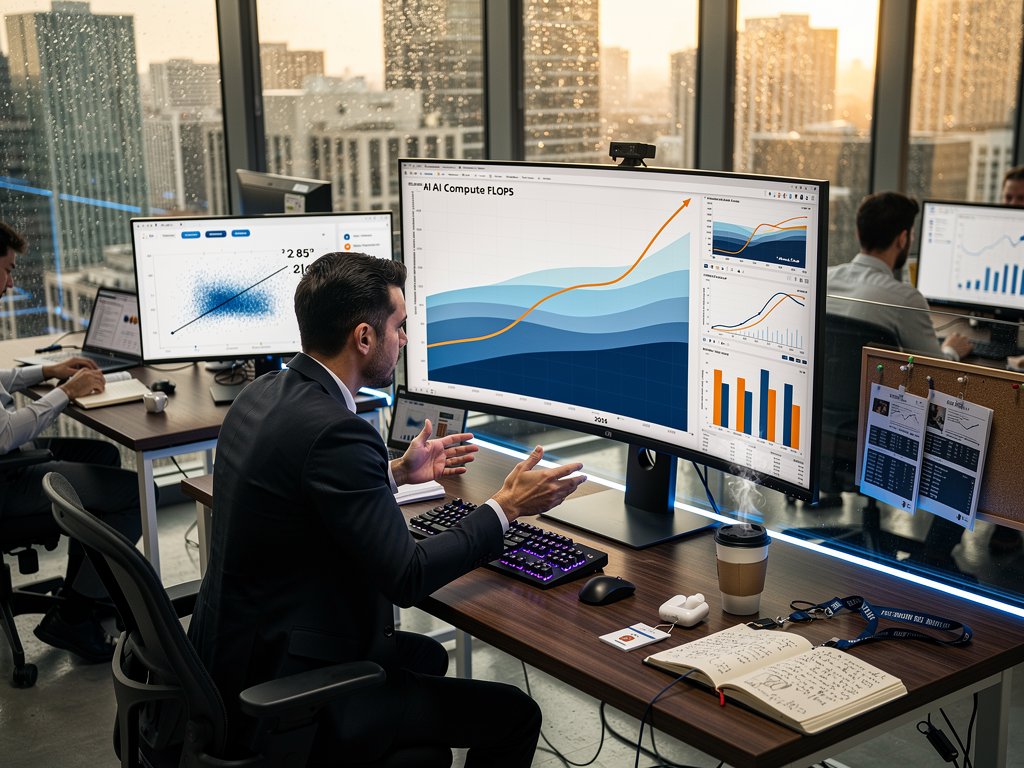 Logarithmic charts of AI growth and crypto caps on monitors in tech office with BI dashboards