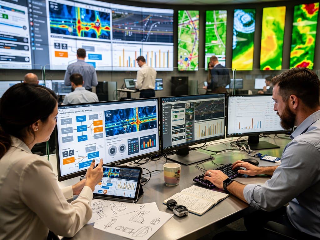 Analysts at multi-monitor desks scrutinize AI-powered traffic and infrastructure dashboards in a modern state DOT operations center