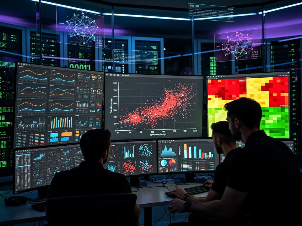 Abstract dashboards visualizing AI vulnerability heatmaps, scatter plots, and threat metrics in a high-tech security center