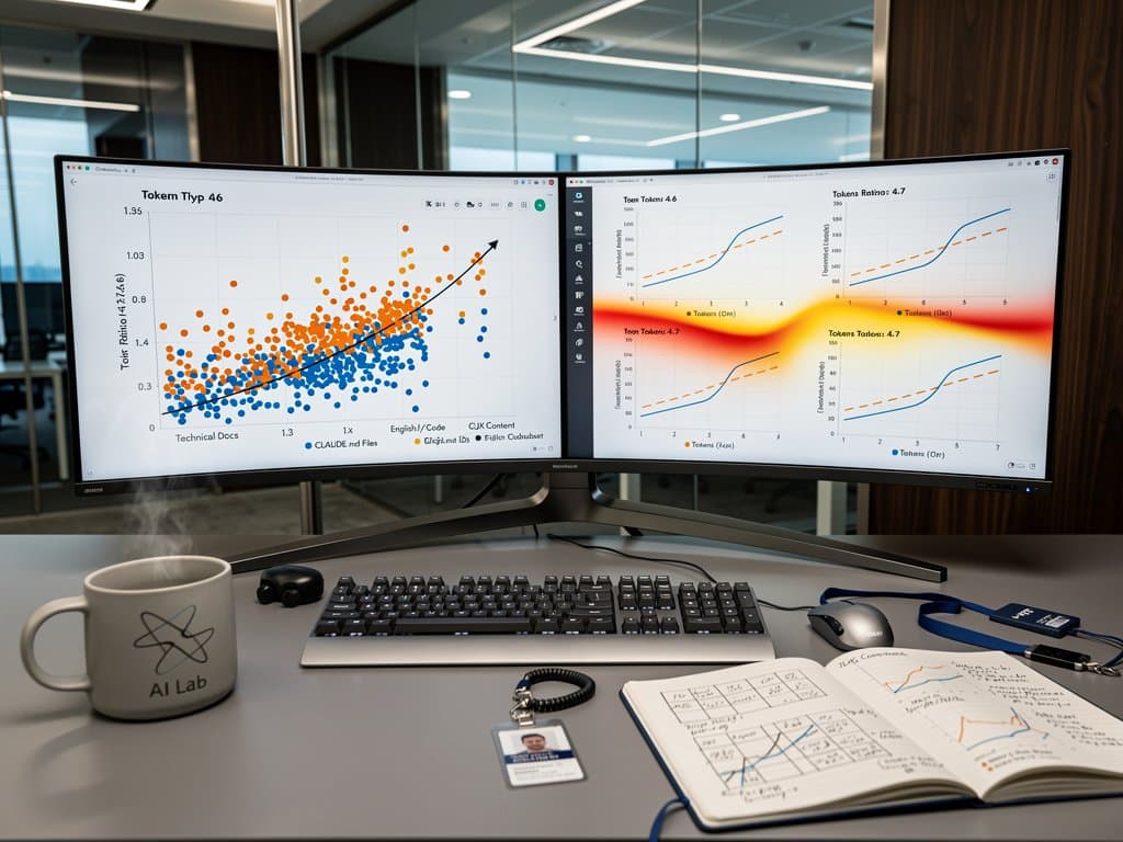 Analytics dashboards visualize Claude 4.7 tokenizer costs via scatter plots, line charts, and heatmaps in high-tech setup