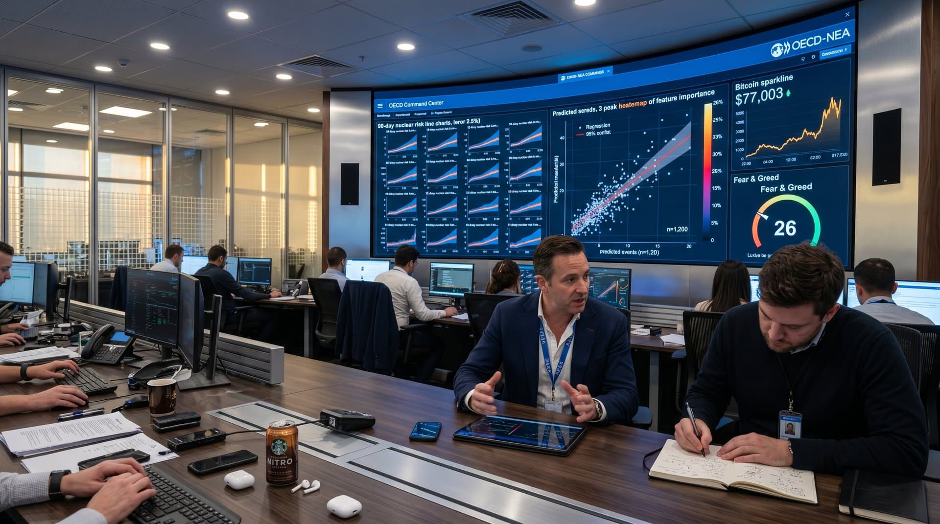 Abstract NEA AI dashboard with small multiples, scatter plots, and heatmaps for nuclear risk visualization