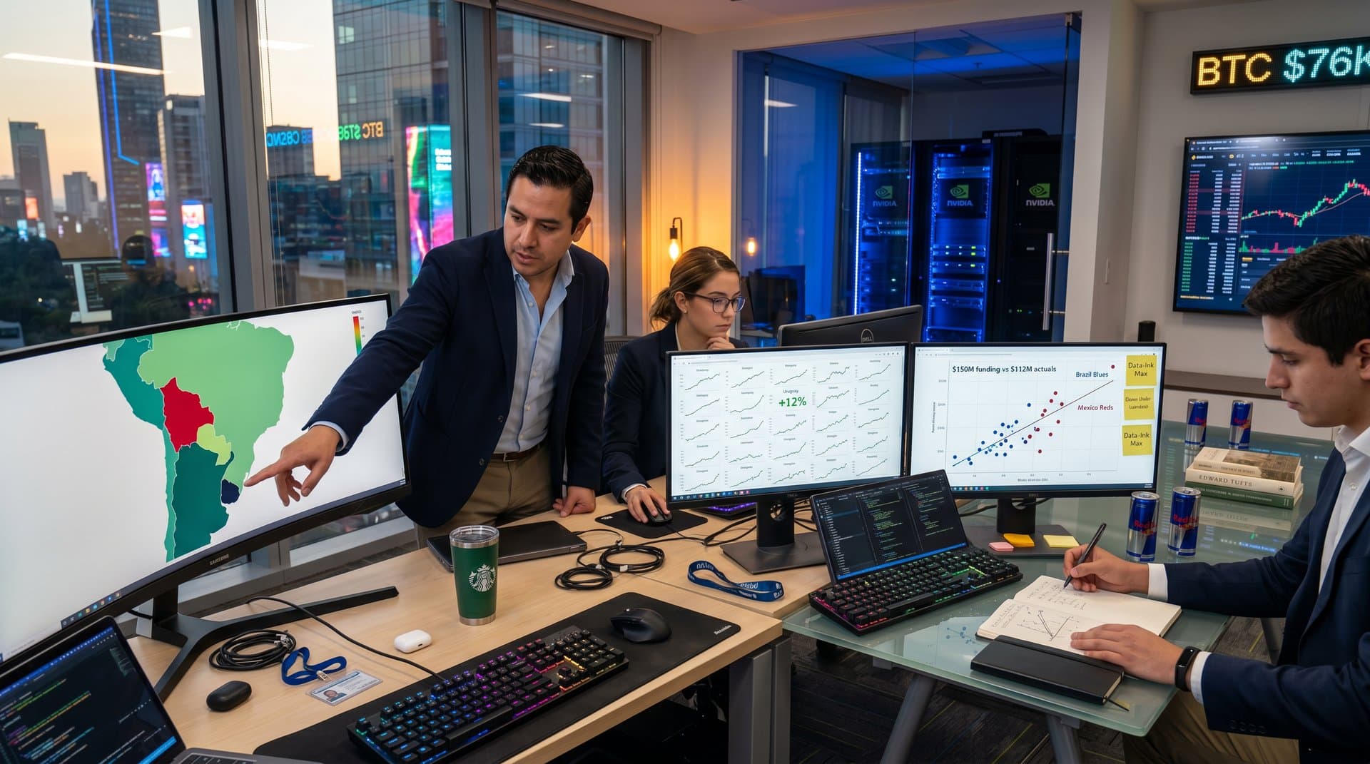 BI studio monitors display dashboards mapping AI education equity gaps across Latin America with choropleth maps and scatter plots