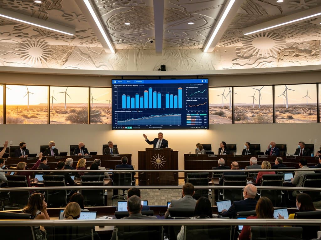 Midland Texas council chamber dashboard with bar charts, line graphs for AI analytics, crypto prices, and oil futures