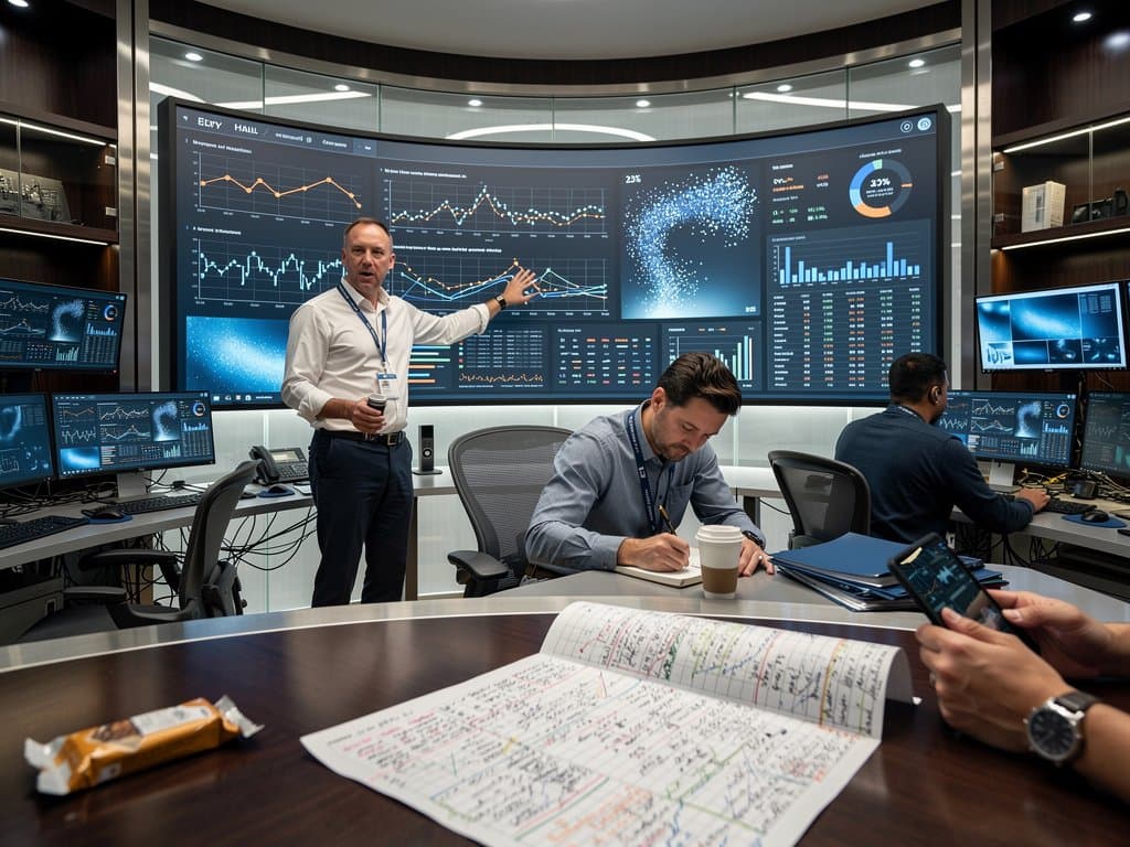 Minimalist dashboard visualizing municipal AI accountability with sparklines, heatmaps, scatter plots, bar charts, and crypto metrics on sleek curved monitor in city hall