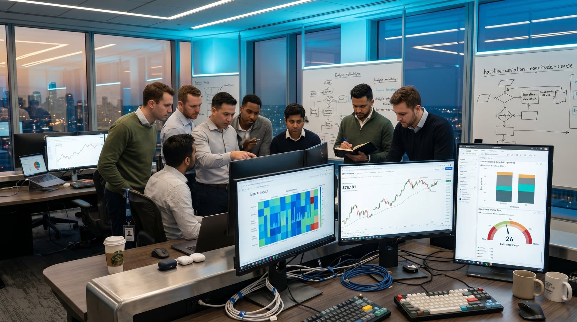 BI dashboards display social sentiment heatmaps, Fear & Greed Index at 26, and crypto prices on multi-monitor setups