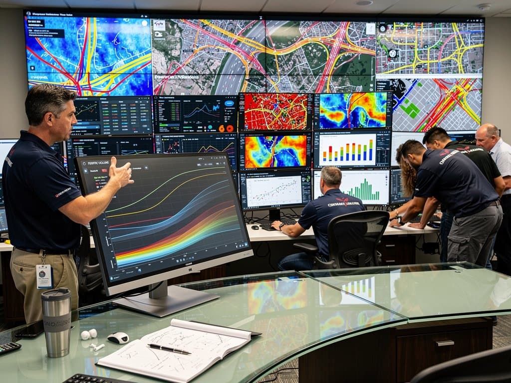 Analysts review AI-synthesized traffic visualizations on multi-monitor setups and video walls in a modern state DOT traffic center