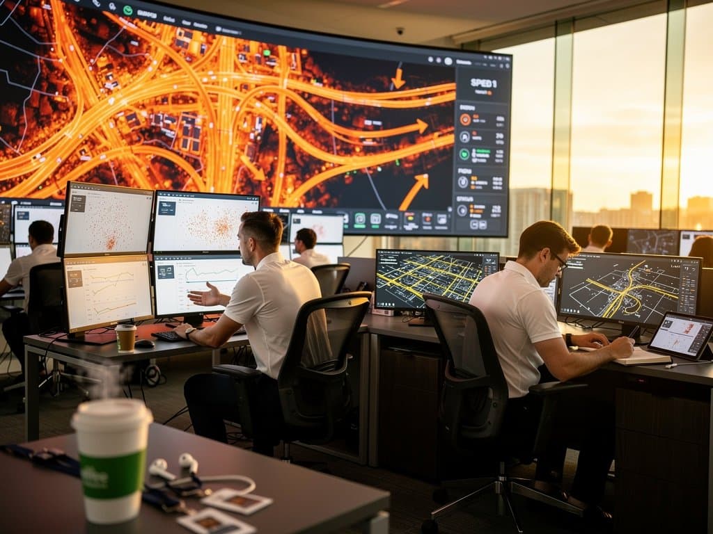 AI data visualization dashboards in a modern traffic operations center showing heatmaps, scatter plots, and line charts on video walls and monitors