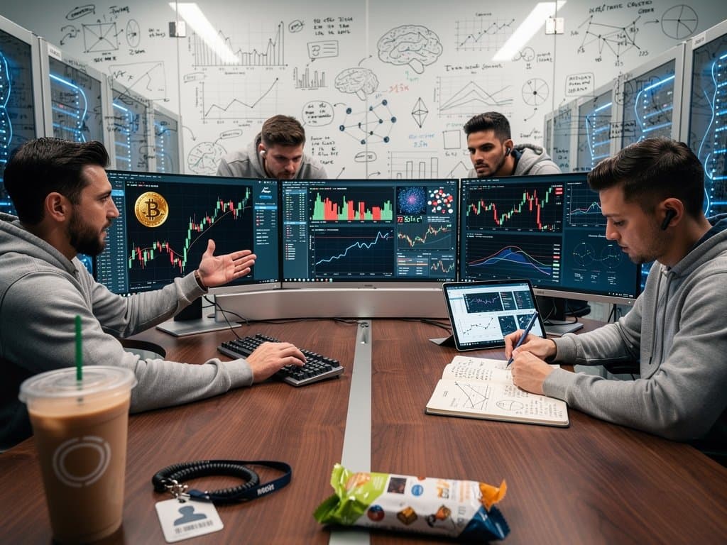 Abstract team collaborates in AI lab on data visualizations including crypto charts, sparklines, and heatmaps for business intelligence