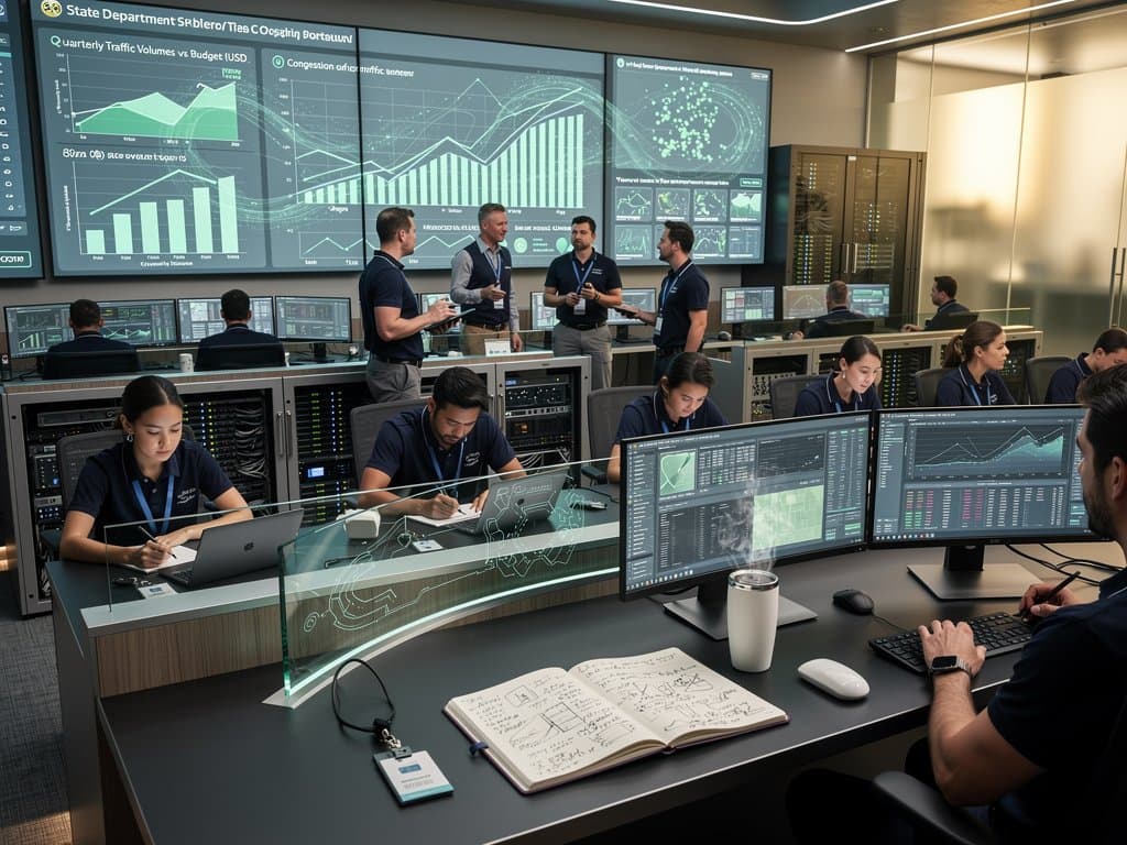 AI-synthesized dashboards in state DOT control room showing traffic, crypto volatility, and economic data visualizations with precise chart types