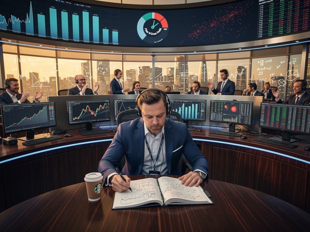 Trading desks with multi-monitor crypto dashboards, line charts, and scatter plots on Bloomberg terminals