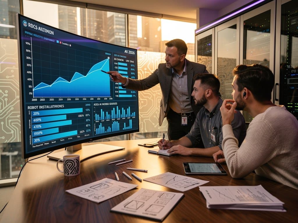 Abstract dashboard of graphs AI 2026 showing model dominance and robot installs
