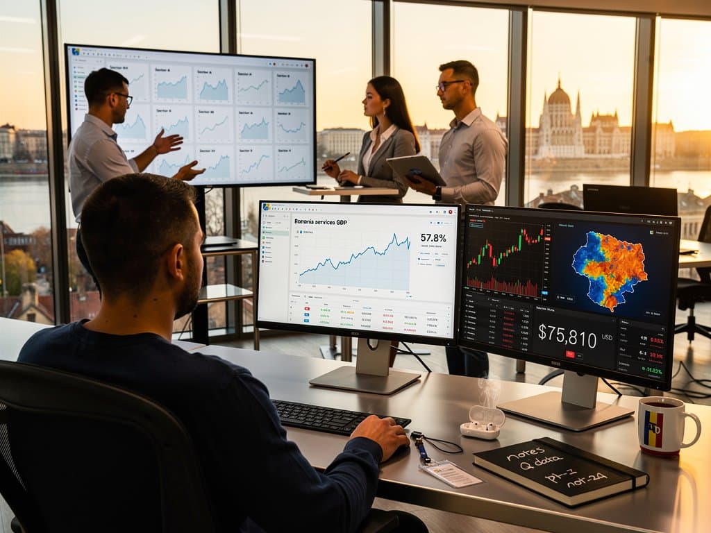 Bucharest analysts review services growth dashboards and BTC candlestick charts in modern tech office
