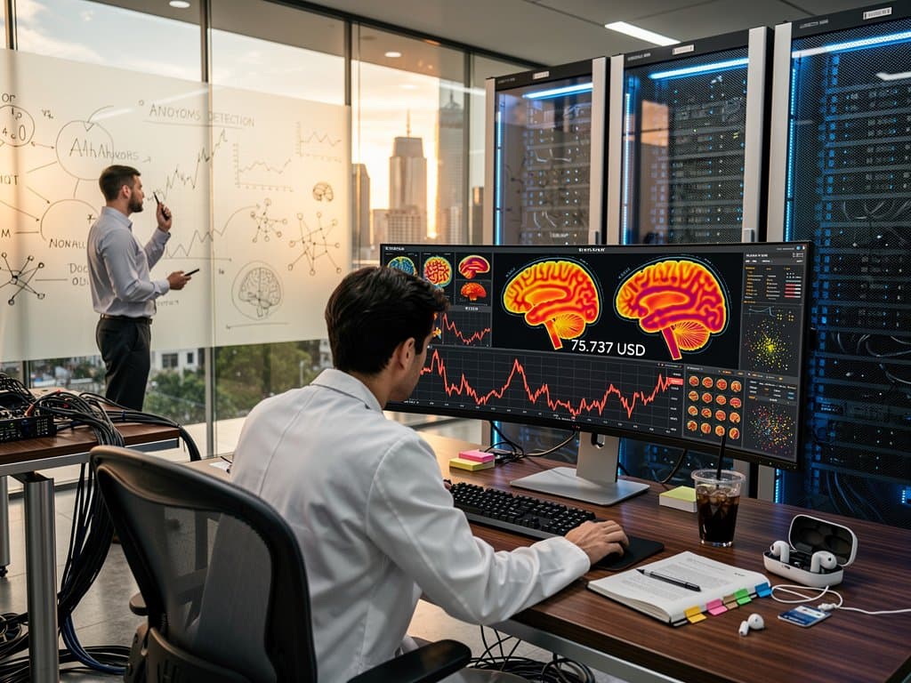 Abstract lab monitors show paternal neuroplasticity dashboards with fMRI heatmaps and BTC volatility charts