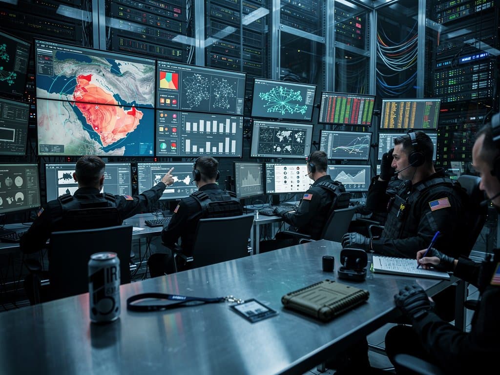 Secure ops center with dashboards showing AI-powered geospatial analytics and heatmaps amid server infrastructure