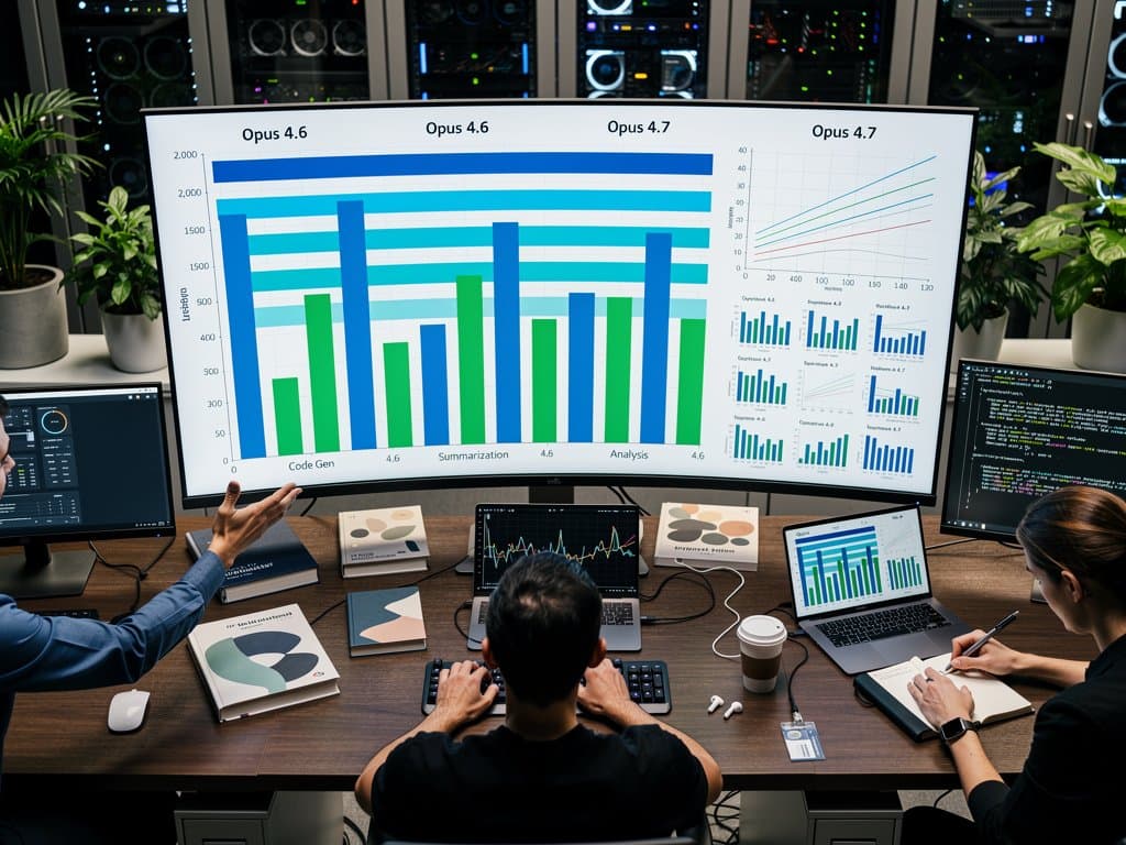Data visualization office screens show Opus token comparison charts with bars and slopegraphs amid laptops and notebooks
