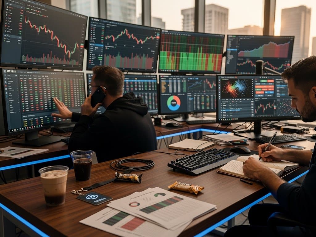 Trading desks display MDV Markdown crypto dashboards with BTC $75,565 downtrend, ETH $2,331 charts, and Fear Index at 27