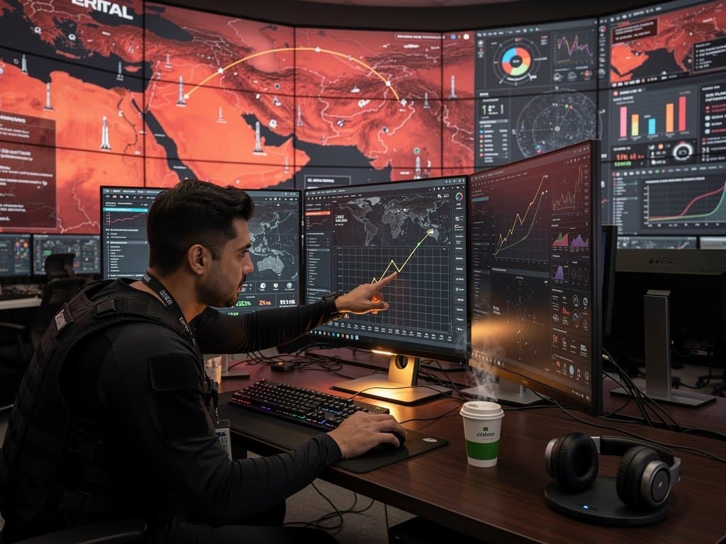Analysts in Palantir fusion center monitor real-time dashboards on OLED screens showing threat maps and sensor data overlays