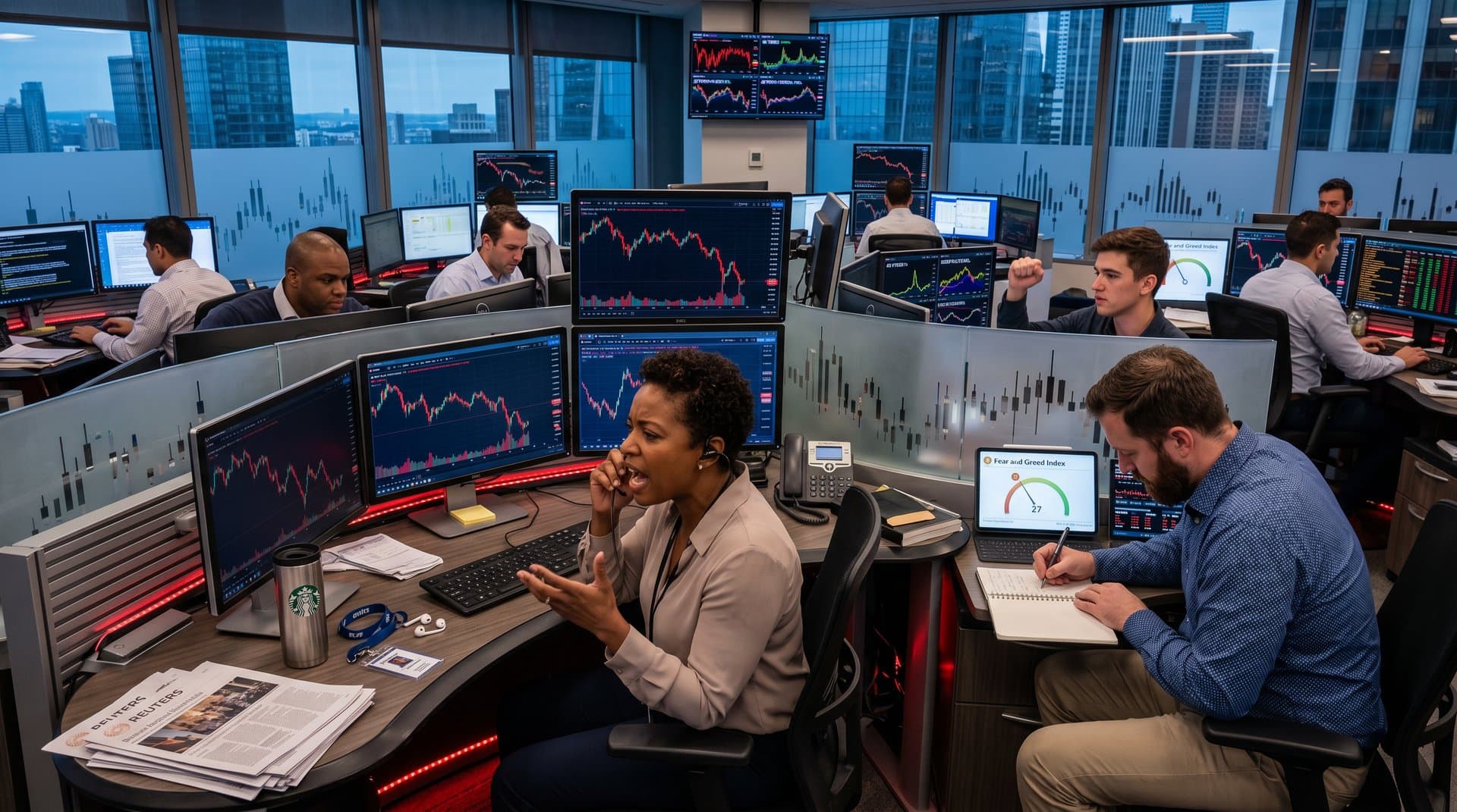 Multi-monitor trading desks show real-time dashboards with BTC drop and AI strike velocity graphs amid geopolitical alerts