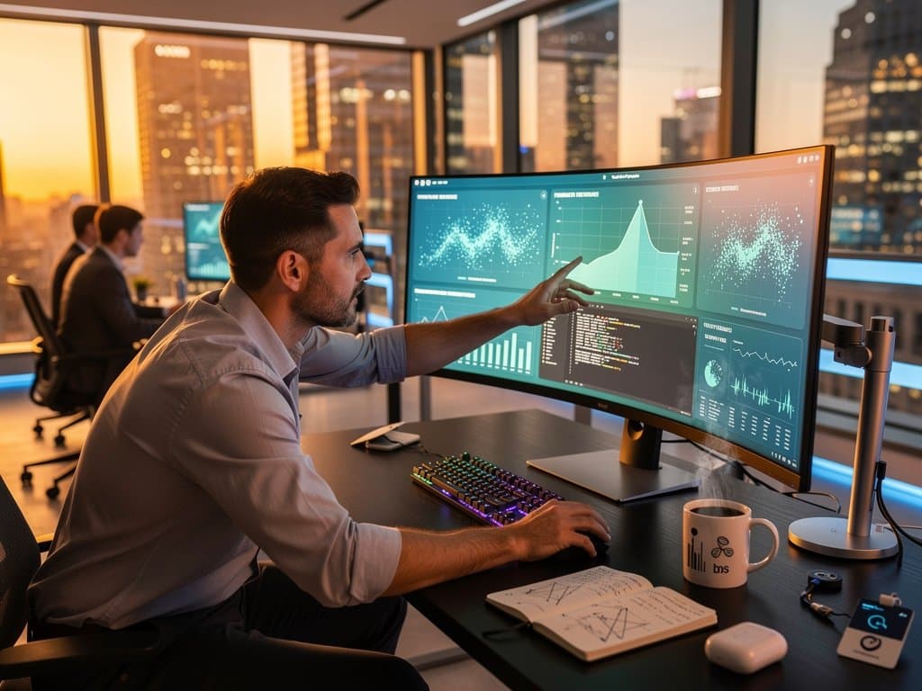 Team reviews MDV data visualization dashboards on monitors with VS Code previews in modern analytics studio
