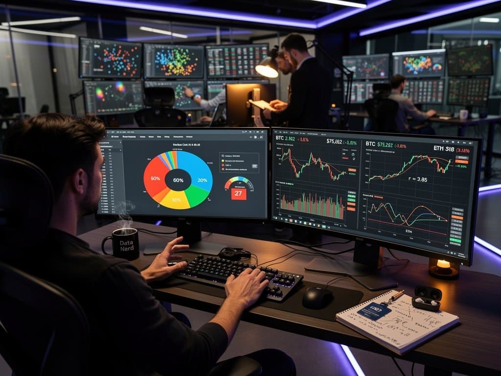 Abstract analytics workspace contrasts AI pie charts with human small multiples and crypto trend scatter plots