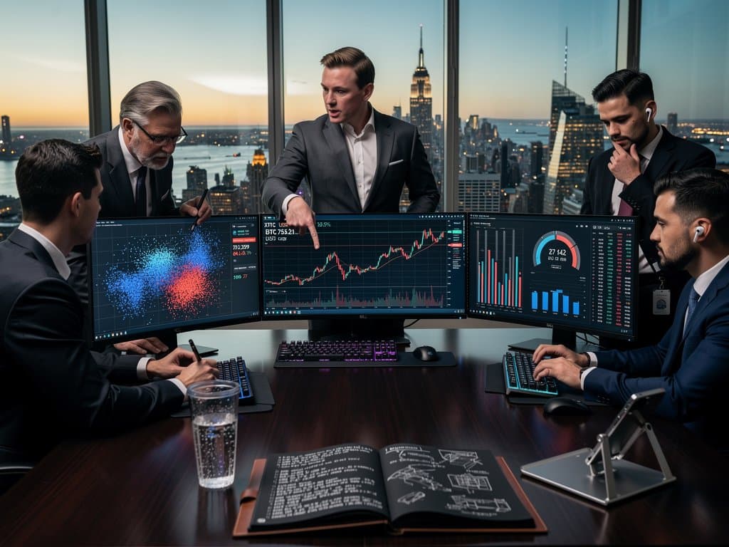 Interactive crypto dashboards on trading monitors show BTC $75K charts and volatility gauges