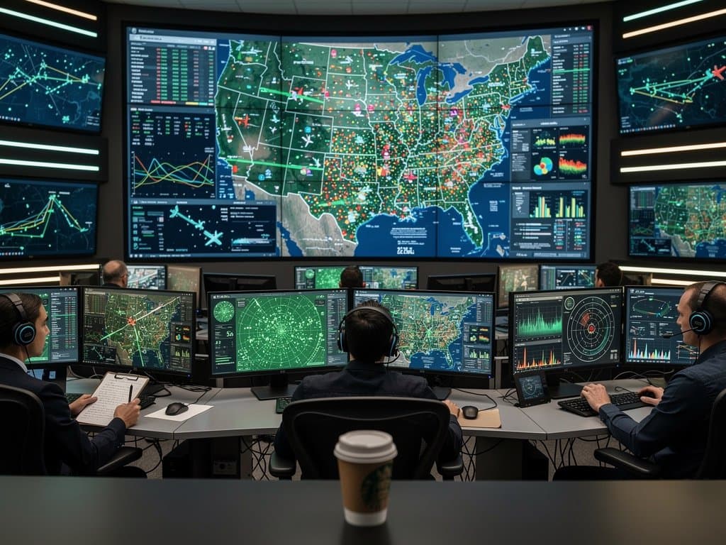 Air traffic controllers at ergonomic desks with multi-monitors showing flight maps and radar in FAA high-tech control center