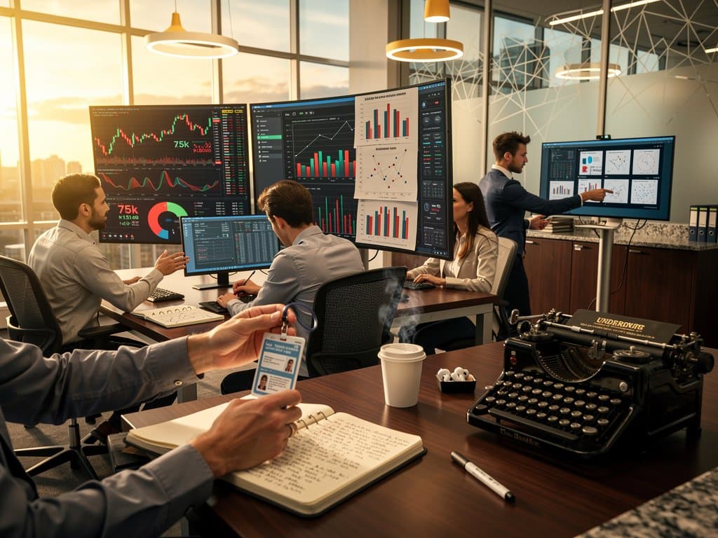 University analytics lab with typewriters, crypto charts on monitors, hand-sketched data visualizations