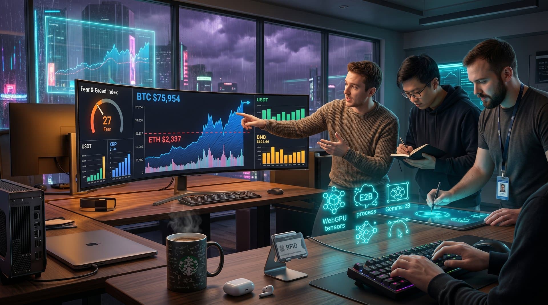 Triple-monitor display of Excalidraw AI-generated crypto data dashboards with BTC and ETH charts in modern tech lab scene