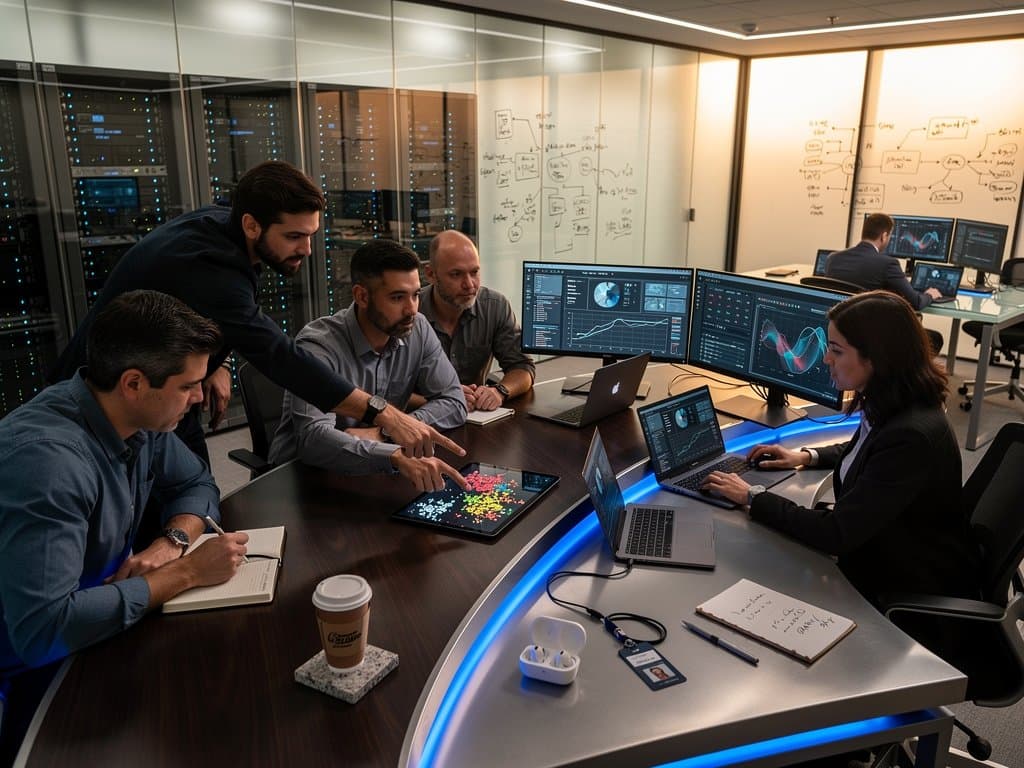 Analysts in modern data lab review AI-generated Excalidraw sketches of charts on multi-monitor setups amid lab equipment