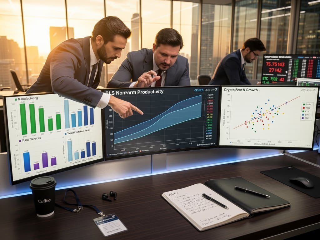 Monitors displaying BLS productivity line charts and small multiples on finance trading desk