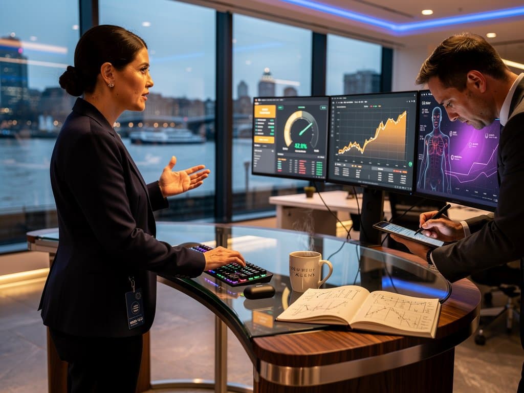 High-tech BI office with monitors showing Fear & Greed line chart drop to 27, Gemini Photo Scans heatmaps, GDPR dashboards, crypto tables; ethical data viz focus, no faces