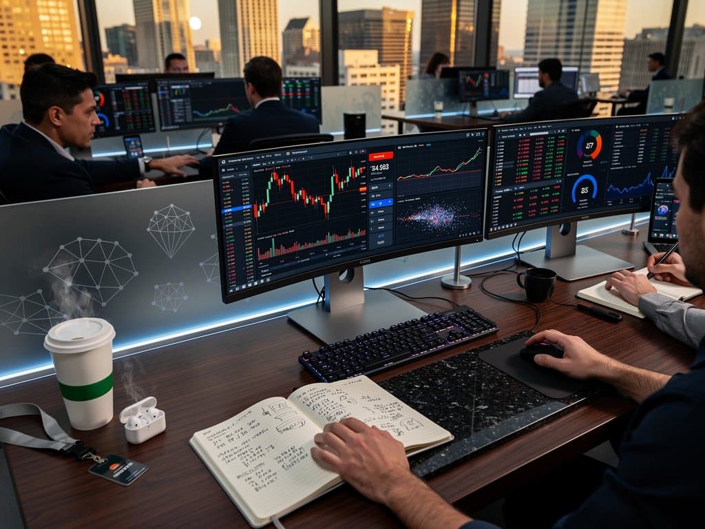 Trading desk monitors show crypto viz: BTC charts, scatters, Fear & Greed index