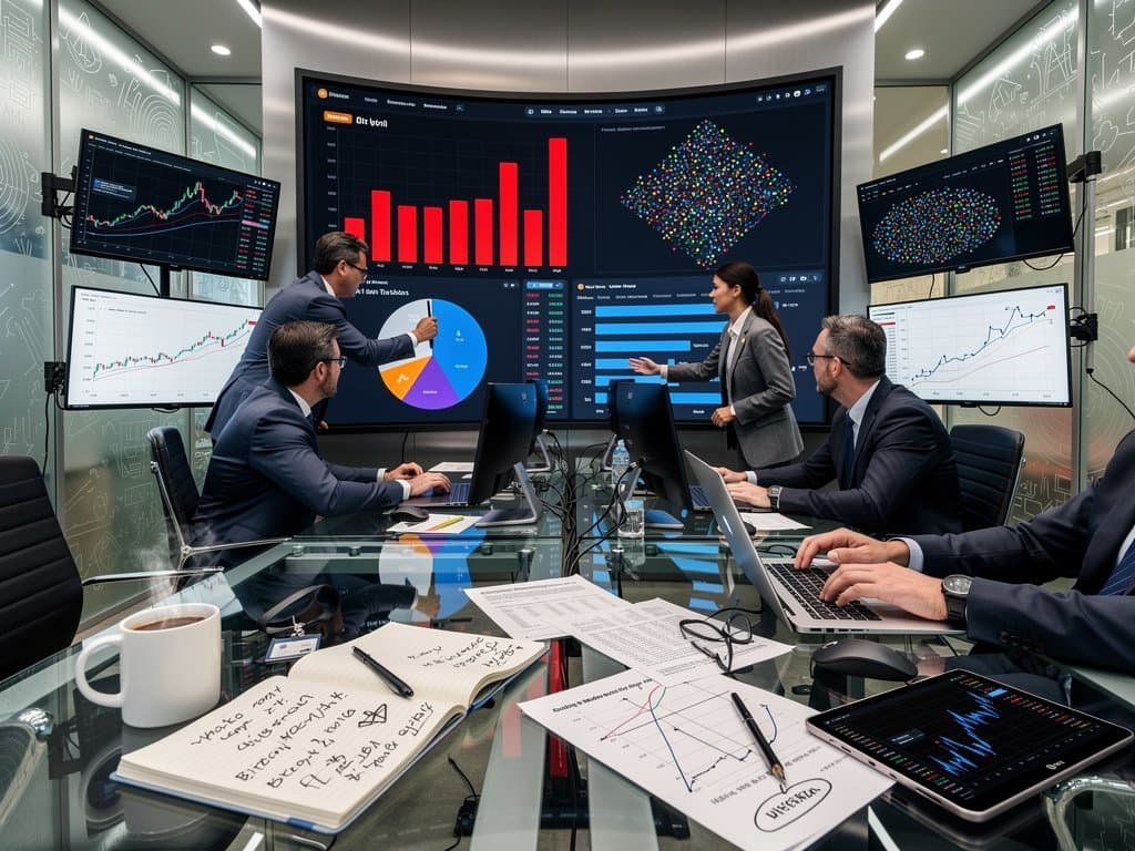 Abstract lab scene with AI-generated crypto charts on OLED monitor, verification code on desk, and Tufte principles in background