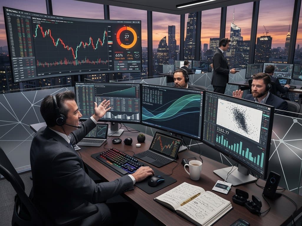 Advisor at BNY trading desk with Bloomberg terminals, AI dashboards, multi-monitors showing crypto charts and heatmaps in modern wealth office