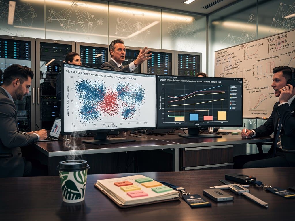 Data scientists scrutinize scatter plots on monitors revealing duplicate data points and anomalous clusters.