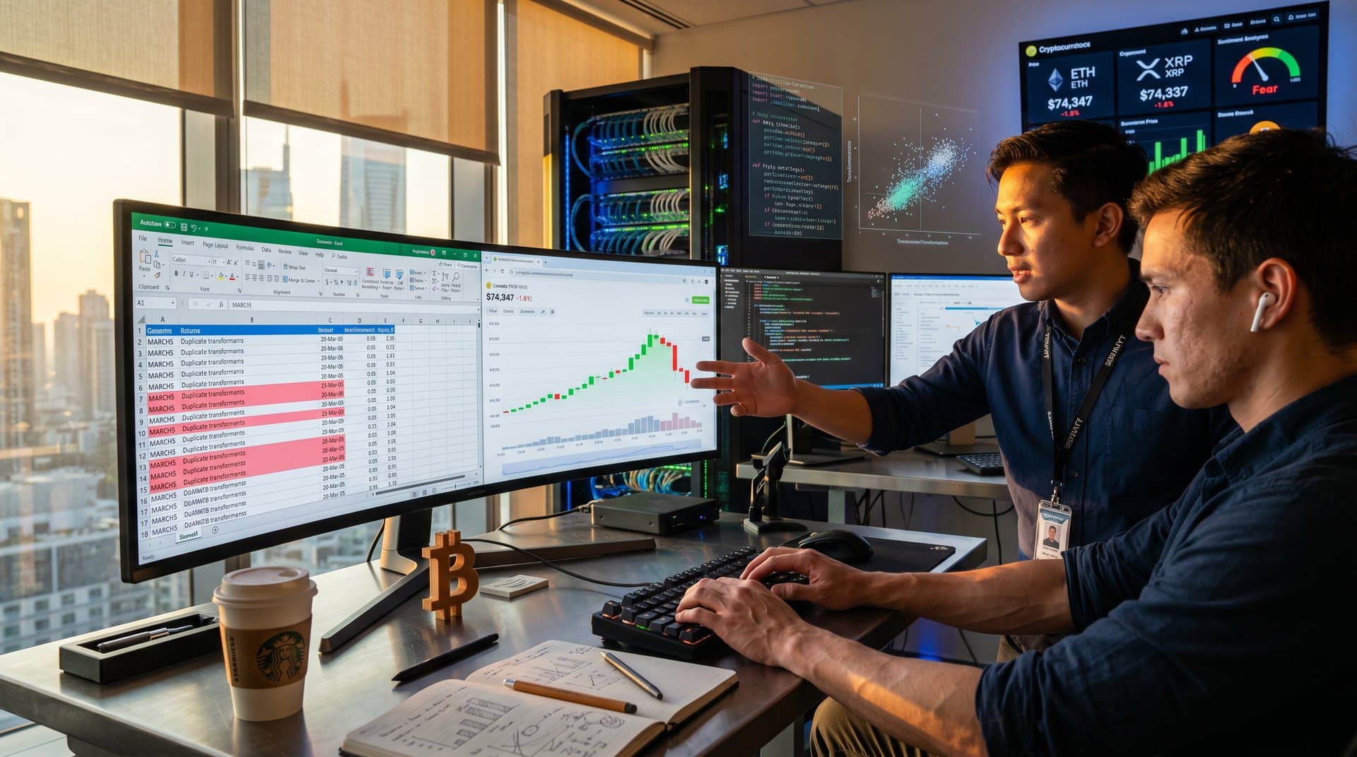 Sunlit data lab ultrawide monitor shows Excel gene-to-date errors in red next to clean CoinGecko BTC bar chart at $74K USD with server racks glowing blue