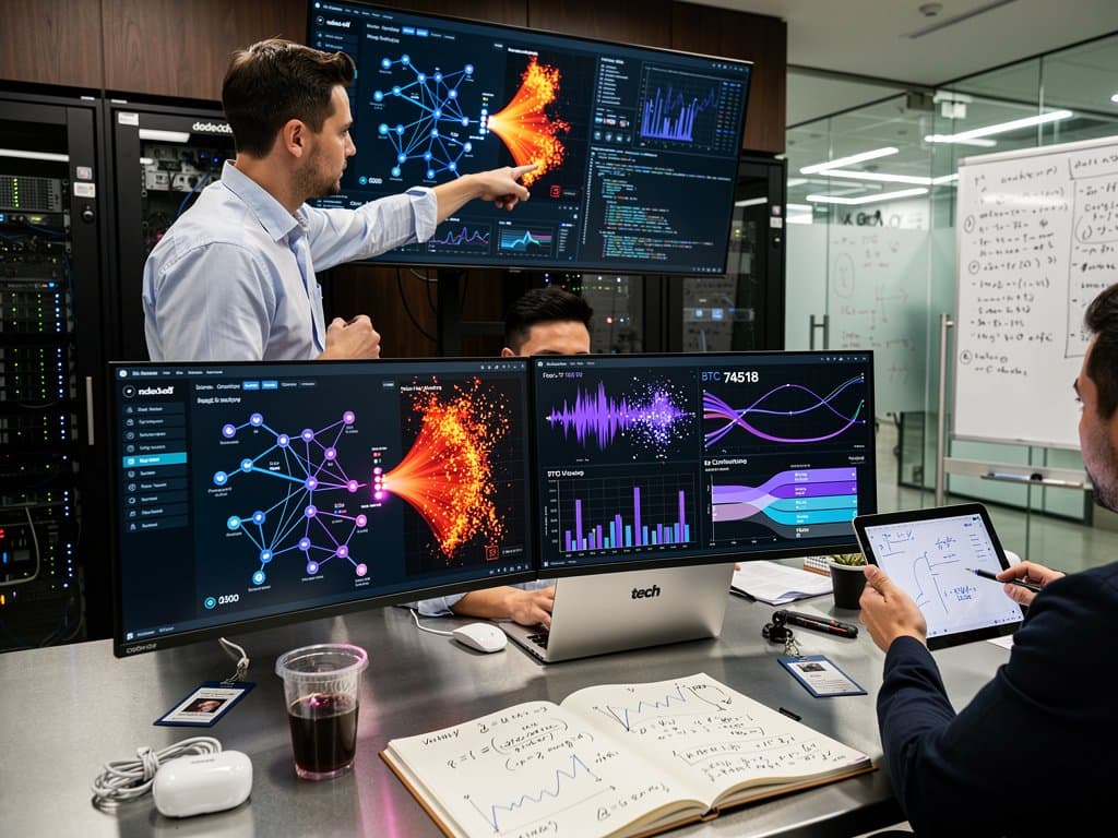 Dynamic dashboard visualizing AI agent networks, heatmaps, and crypto risk metrics like BTC price and Fear Index 29