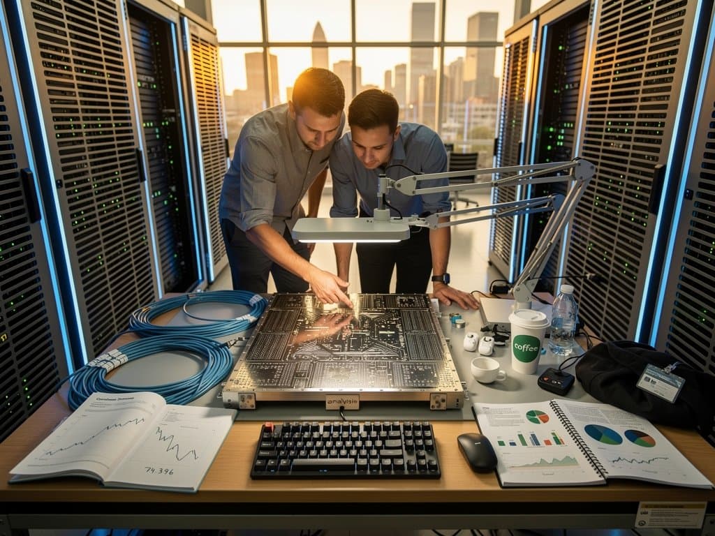 Cerebras lab with wafer-scale AI chip, data viz charts on video walls, prototypes