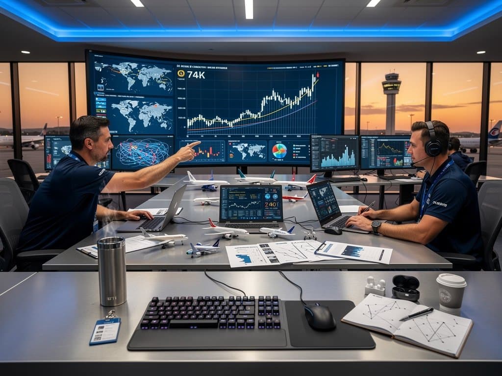 AI dashboards on video wall in airport control center showing flight data, heatmaps, and BTC charts with modern tech setup