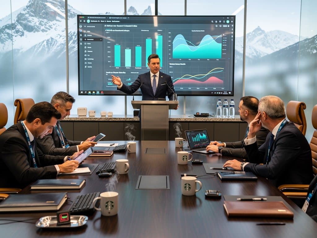 Executive presents AI workforce dashboard on screen in modern boardroom with alpine views and tech setups