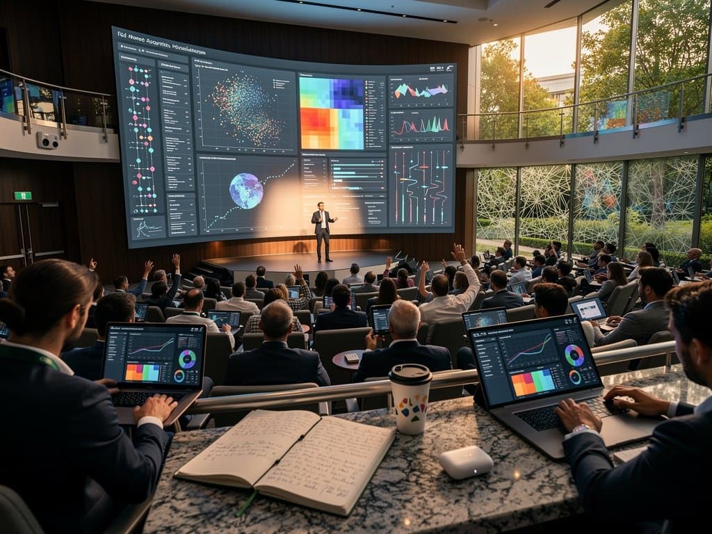 Conference LED wall shows AI healthcare visualizations amid modern auditorium seating