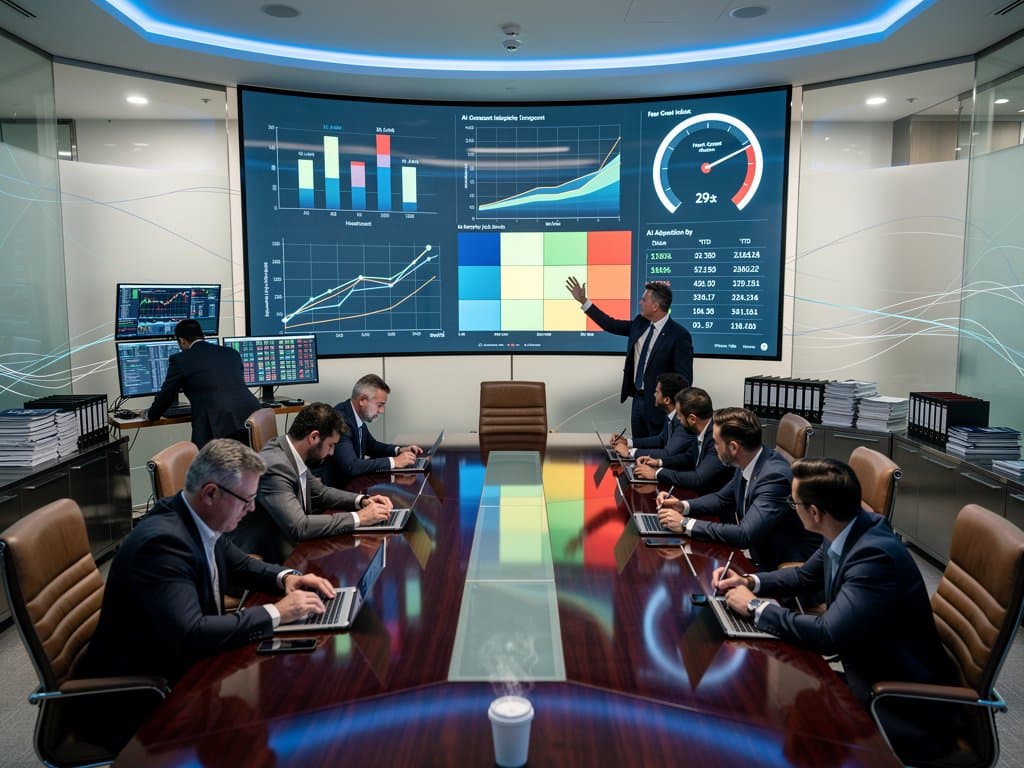 High-tech dashboard screens showing AI workforce trends, Fear Index at 29, crypto table in modern boardroom