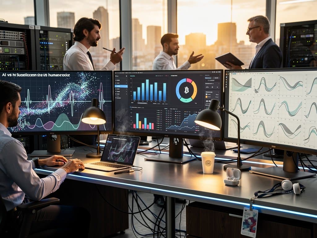 Data visualization lab analyzes AI storytelling noise with crypto charts on ultrawide monitors