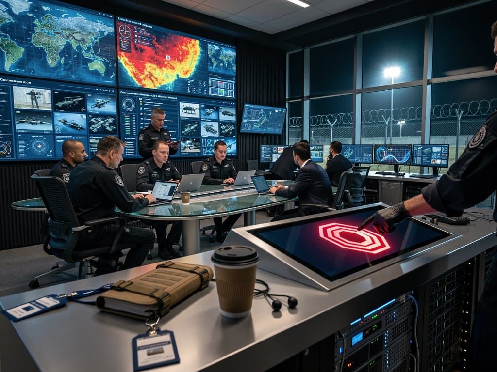Military analysts review AI-driven data visualizations on multi-monitors in high-tech fusion center amid layered intel and secure setup