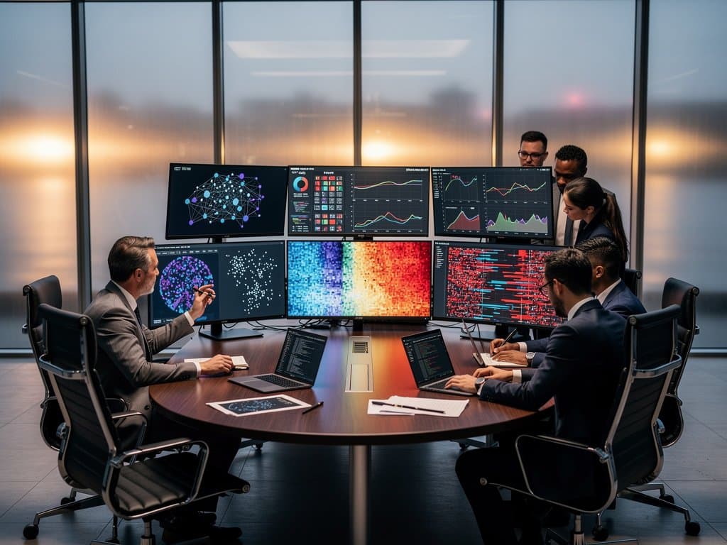 High-tech lab with monitors showing AI neural network visuals, BTC scatter plots, ETH heatmaps, and SHAP beeswarms on walnut table under LED lights