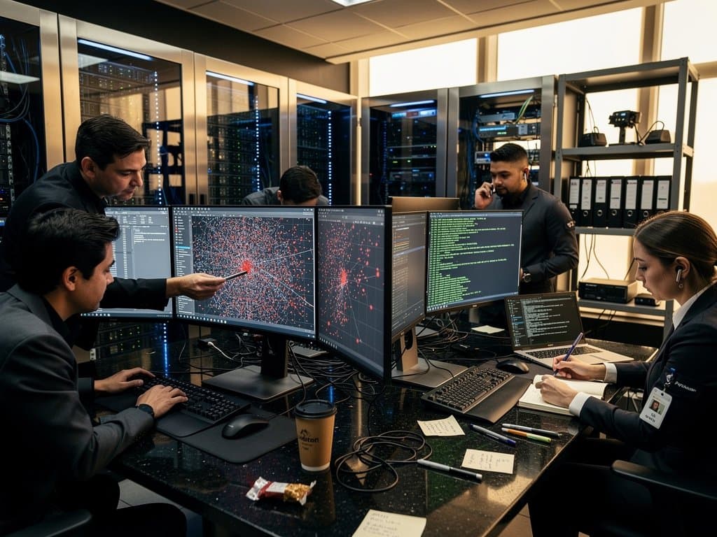 Monitors display duplicated data points and error overlays in abstract data lab with servers and code terminals