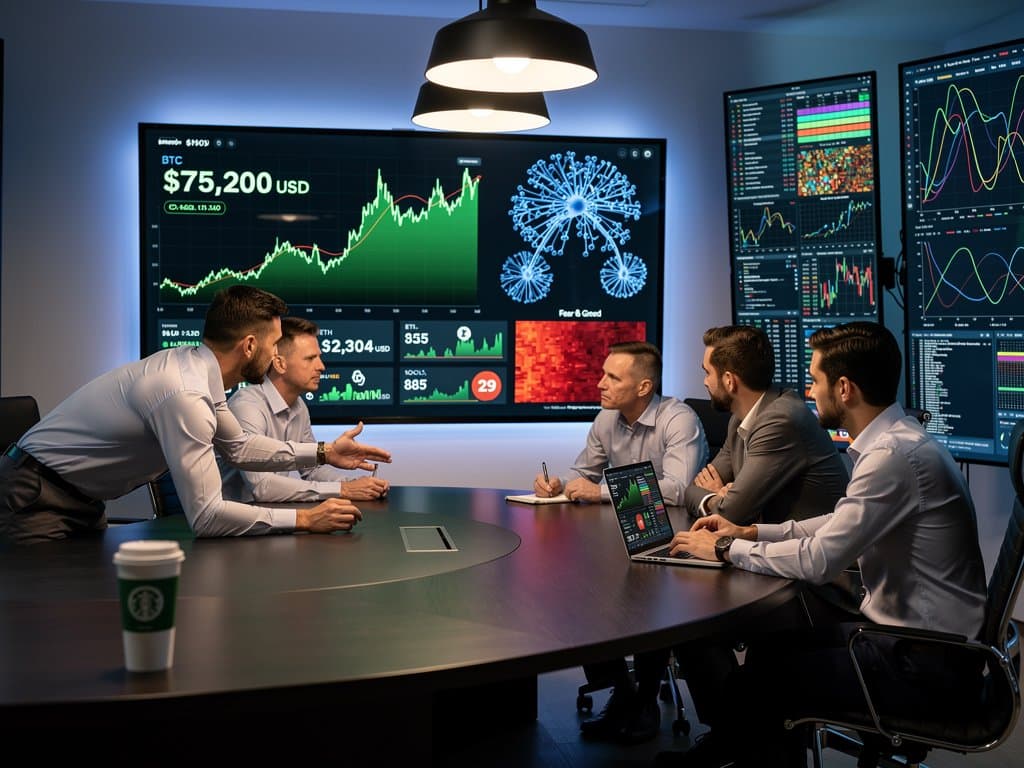 Tech lab dashboards show agentic AI crypto charts, decision trees, and market data visualizations