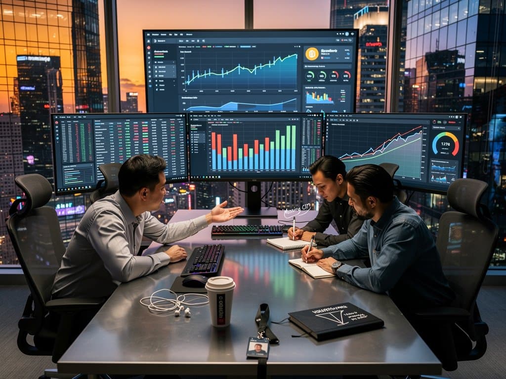 Data scientists analyze AI dashboards missing confidence intervals on crypto charts in modern visualization lab